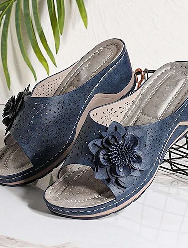  Women's Slippers Wedge Sandals Outdoor Slippers Comfort Shoes Outdoor Daily Beach Solid Color Solid Colored Summer Flower Wedge Heel Open Toe Classic Casual Walking PU Leather Faux Leather Loafer