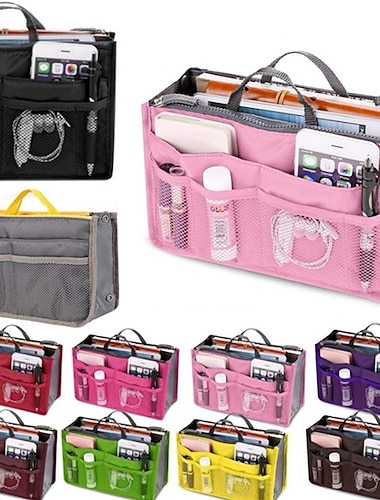  16 färger praktisk dubbel handväska nylon dubbel organisatör insats kosmetisk förvaringsväska svart