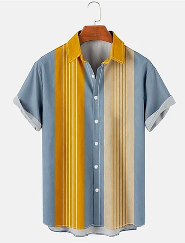  男性用 シャツ ボーリングシャツ ボタンアップシャツ サマーシャツ イエロー 半袖 カラーブロック 縞 グラフィック 折襟 熱間鍛造 スポーツ 祝日 ボタンダウン 衣類 ファッション ハワイアン 1950年代風 カジュアル