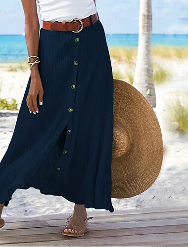  Damen Rock Langer Rock Leinenröcke Gerade Mode Küsten-Oma-Stil Sommer Maxi Röcke Einfarbig Geteilt Urlaub Büro / Karriere Schwarz Weiß Marineblau Orange Herbst Polyester