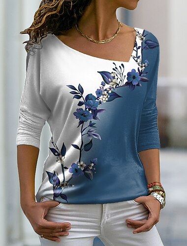  Dames Grote maten T-shirt Bloemig Grafisch Dagelijks Lange mouw V-hals Normale tops Casual Weekend Afdrukken Blozend Roze blauw Paars Groen Herfst winter