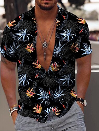  Herren Hawaiian Aloha Blätter Hemd Sommerhemd Hawaiihemd Sommerhemd Kurzarm Modisch Designer Brautkleider schlicht Outdoor Casual Festtage Sommer Frühling Umlegekragen Bedruckt Button-Down Schwarz