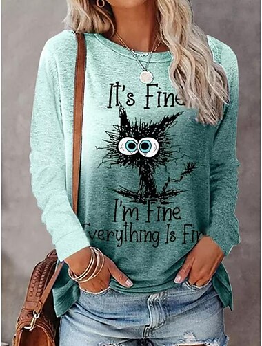  Damen Übergröße T Shirt Grafik Katze Farbverläufe Cartoon Lustig Langarm Rundhals Normale Oberteile Lässig Wochenende Druck Kastanienbraun Gelb Rosa Purpur Grün Herbst Winter I'm Fine