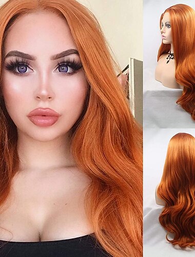  Long Yellow Orange Wavy Wigs Hair Synthetic Lace Front Wigs Mix Color Yellow Orange for Women with Heat Resistant Fiber Hair Replacement Wig Soft Orange Hair wig Middle Part Wig