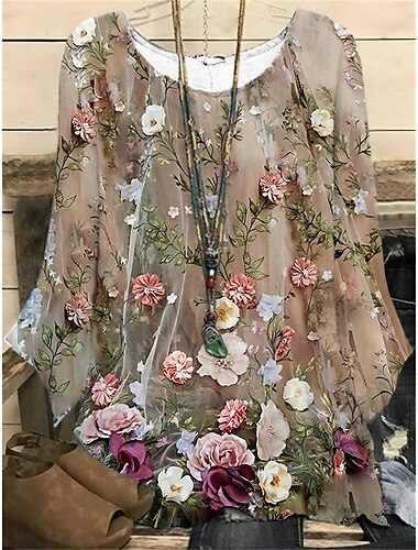  Blusa Taglie Forti da Donna 3D Stampa Vintage Festivo Casual Floreale Stampa Manica Lunga Tops Regolari Collo Rotondo Vacanze Giornalieri Nero Bianco Verde Scuro Verde khaki Primavera Autunno Inverno
