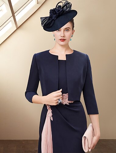  Vestido de dos piezas vestido de línea recta para la madre de la novia invitada de boda iglesia tejido elástico sin mangas vestido corto con chaqueta con pliegues y cristales vestido de bloques de
