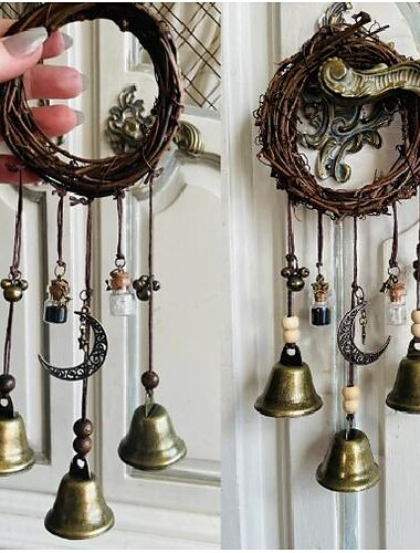  klokken voor deurknop voor bescherming, heks windgong deurhanger, handgemaakte rotan windgong heks decor, bescherming hekserij home decor-1pcs