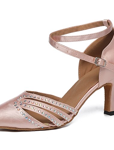  Damen-Tanzschuhe aus Satin – rosa Strass-Absätze mit Fesselriemen für Salsa und lateinamerikanische Tänze
