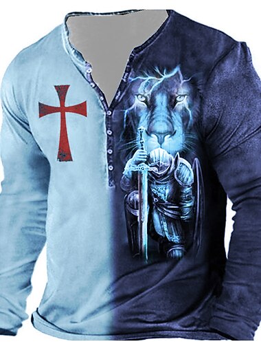  Homens Gráfico Cruz dos Templários Cruz Camiseta Camisa Henley Camisetas Manga Longa Impressão 3D Designer Básico Clássico Diário Ao ar livre Esportes Primavera Verão Azul Amarelo Roxo Cinzento Henley