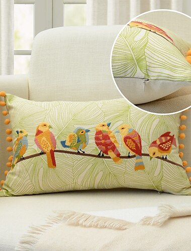  Cojines decorativos, almohadas geniales, funda de almohada bordada con pájaros, calidad lumbar colorida pastoral para sofá, dormitorio, sala de estar