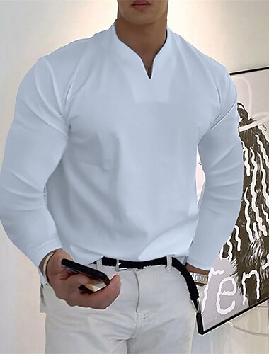  Hombre Camiseta Camisa de manga larga Manga Larga Escote en Pico Primavera & Otoño Plano Moda Design Casual Calle Deportes Festivos Negro Blanco Gris Camiseta superior para hombre