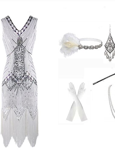  Glada 20-talet 1920-talet Knälång Kort längd Klänningar Flapper-klänning Kläder Ärmlös Den store Gatsby Bröllopsgäst Paljetter Tofs Paljett V-hals Maskeradkläder Dam Maskerad Kvällsfest Halloween