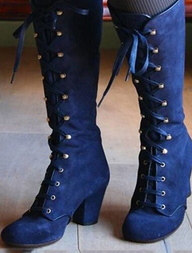  Schwarze kniehohe Schnürstiefel für Damen – Vintage-Stiefel aus Wildlederimitat mit dickem Absatz für die Herbst-Winter-Mode