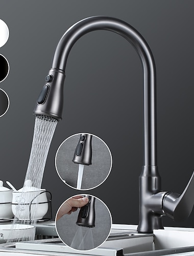  keukenkraan met uittrekbare sproeikop, eengreeps één gat messing hoge boog 3-standen minimalistische stijl keukenkranen (gun grey/black/chrome)
