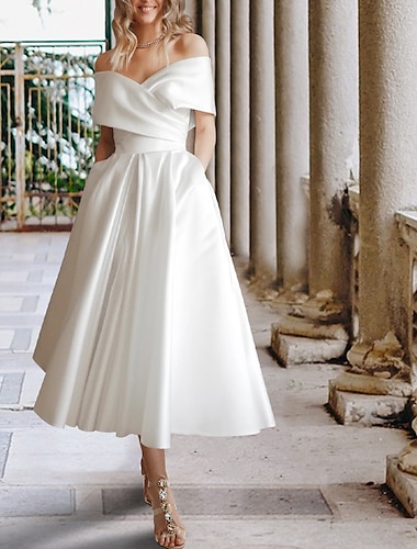  свадебные платья простые свадебные платья бальное платье с открытыми плечами и рукавами чайная длина кружевные свадебные платья со складками и аппликациями летняя свадьба 2024