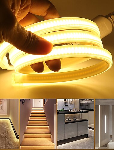  Tira de luces LED COB, 360 LED/m, decoración exterior resistente al agua, cinta de luz flexible de alto brillo, 3000k/4000k/6000k, 220v