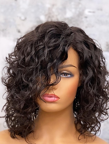  Peluca Cabello humano remy Cierre 4x13 Cabello Brasileño Ondulado Amplio Negro Bob corto Parte lateral pelucas para mujeres negras Densidad 130% 150% con pelo de bebe Suave 100% Virgen Con Nudos