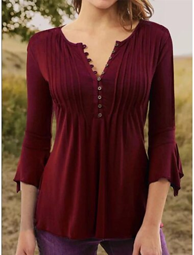  Damen Hemd Bluse Strassenmode Brautkleider schlicht 3/4 Ärmel Hemdkragen Normale Oberteile Festtage Wochenende Gefaltet Schwarz Weiß Wein