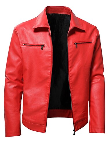  Herren Kunstlederjacke übergangsjacke Bikerjacke Rote Lederjacke Party Alltagstauglich Thermowarm Winddicht Kunstpelzbesatz Herbst Einfarbig Punk Mode Revers Regulär Kunstleder Schlank Schwarz Rote