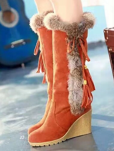  Women's Boots Snow Boots Suede Shoes Plus Size Daily Solid Colored Fleece Lined Knee High Boots Winter Bowknot Tassel Pom-pom Wedge Heel Round Toe Vintage Sweet Suede Loafer Black Orange Brown