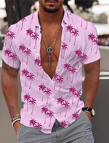  Herren Graphic Kokosnussbaum Hawaiian Hemd Hawaiihemd Sommerhemd Aloha-Shirt Kurzarm Hemd Umlegekragen Modisch Designer Brautkleider schlicht Outdoor Strasse Casual Weiß Rosa Rote Print S M L