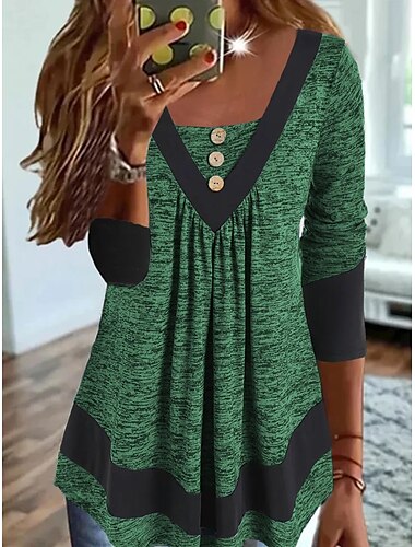  Damen Übergröße T Shirt Farbblock Basic Langarm V Ausschnitt Lange Oberteile Casual Wochenende Knopf Fließende Tunika Blau Orange Grün Grau Herbst Winter