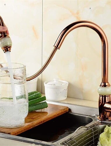  traditionele keukenkraan met uittrekbare sproeier roségoud, 360 draaibaar messing enkele handgreep eengats neerklapbare keukenkranen met warm en koud water vintage retrostijl