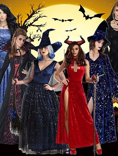  Costumes de Couples Sorcière Costumes de Couples Femmes Film Cosplay Cosplay Halloween Robe Bordeaux Noir Rouge Mascarade pour la Nuit de Walpurgis