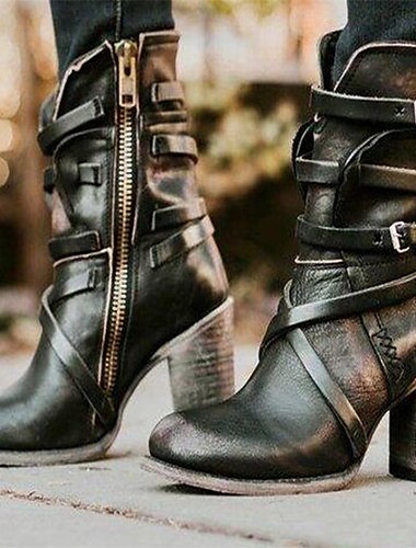  bottines en similicuir noir pour femmes avec fermeture éclair et détails de sangle, bottes élégantes à talon moyen pour une tenue décontractée et occidentale