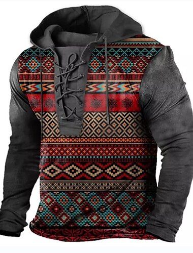 Men's Ethnic Hoodie Hoodies Sweatshirt Pullover Hoodie Sweatshirt Long Sleeve Hooded Sweatshirt Hooded Designer 3D Print Sports & Outdoor Daily Sports Yellow Red Lace up Print Spring &  Fall Designer