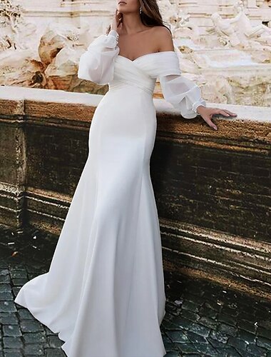  recepção vestidos de casamento simples sereia/trompete fora do ombro manga longa varredura/escova trem vestidos de noiva de cetim com franzido 2024