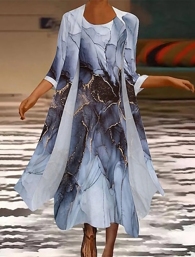  Mujer Conjunto de vestido Vestido de dos piezas Vestido de cambio Vestido Midi Azul polvoriento Manga Larga Estampado Estampado Verano Primavera Cuello Barco Elegante Vestido de invierno vestido de