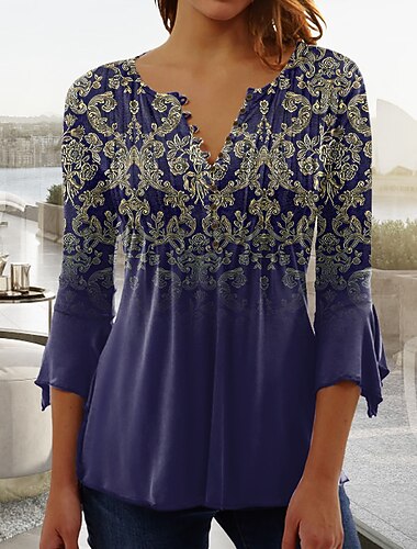  Dames T-shirt Lange Mouwen Henley T-shirt Blouse Bloem Vintage Basis 3/4 Lengte Mouw Ronde Hals Reguliere Tops Casual Weekend Knopen Print Blauw Paars Groen Pre-herfst