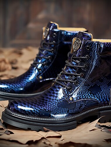  Botines de charol con estampado de pitón azul para hombre con diseño de cordones: botas llamativas y de alto brillo para looks casuales y de noche a la moda