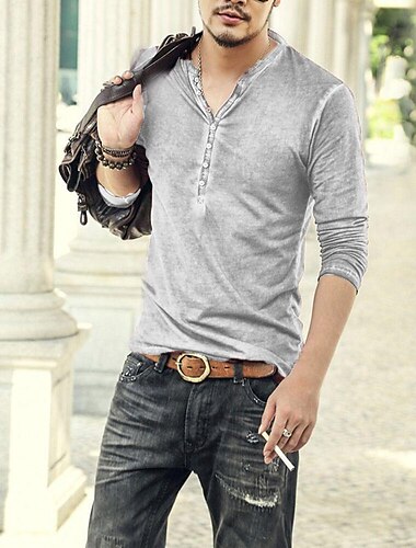  Herren T Shirt Henley Shirt langarmshirt Glatt Henley Übergröße Strasse Casual Langarm Button-Down Bekleidung 100% Baumwolle Klassisch Brautkleider schlicht Muskel Groß und hoch