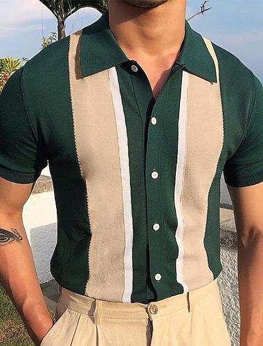  Men's Knit Polo Sweater Polo Shirt Outdoor Street Turndown Button Short Sleeve Casual Striped Button Front Summer Spring Fall Regular Fit Black White Blue Green Black White Knit Polo Sweater