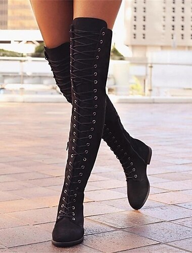  bottes en daim à lacets au-dessus du genou pour femmes avec talon plat – élégantes et confortables pour une tenue décontractée et hivernale