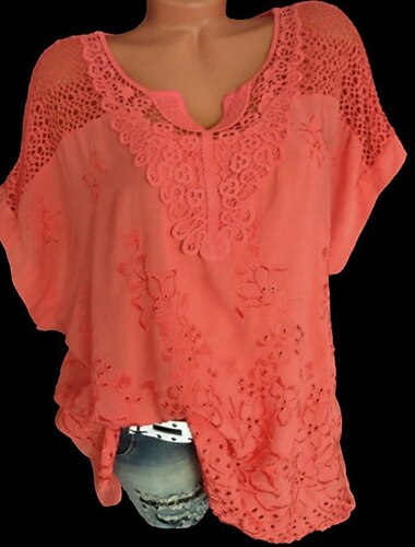  Damen Hemd Spitzenhemd Bluse Ösen Top Chiffon Streetwear Basic Casual Bestickt Kurzarm Normale Oberteile V-Ausschnitt Alltag Ausgehen Wochenende Schwarz Weiß Rot Blau Grün Sommer Frühling