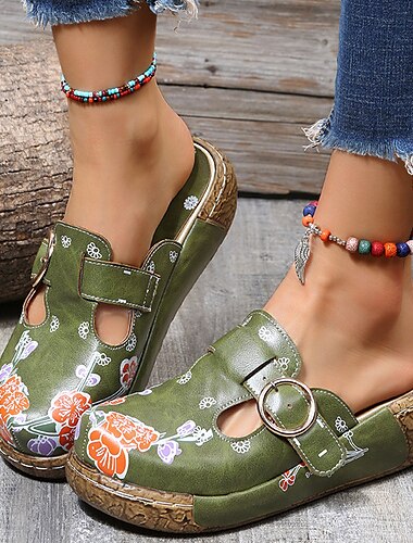  Damen-Schlupfclogs mit Blumenstickerei, Schnallendetail und Keilabsatz - bequeme Vintage-Freizeitschuhe