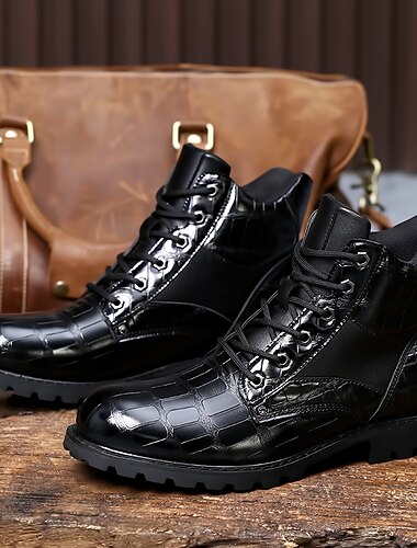  Bruine imitatieleren veterlaarzen voor heren met krokodillenmotief en robuuste zool, stijlvol en duurzaam voor buiten en casual gebruik