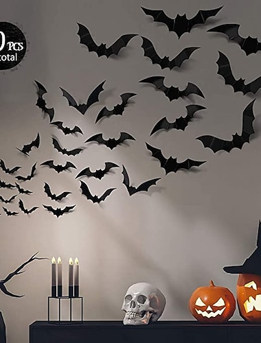  60ピース ハロウィン パーティー用品 ポリ塩化ビニル 3D 装飾 リアルなホラー コウモリ クモ 壁のアクセント DIY ハロウィン デコレーション ホーム インテリア ウィンドウ デコレーション セット (ブラック)