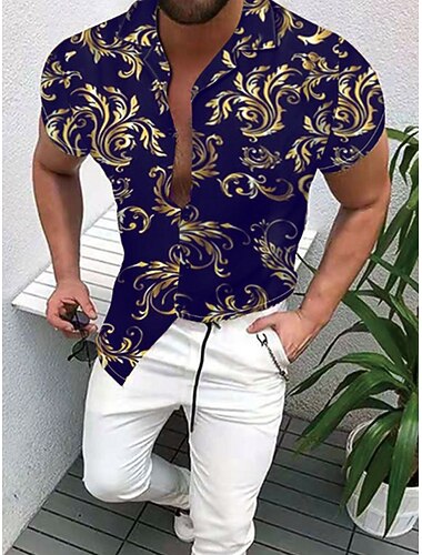  Herren Hemd Knopfhemd Kurzarm Designer Strand Lässig Ausgehen Frühling & Sommer Schulterfrei 3D Druck Blau Rote Gold