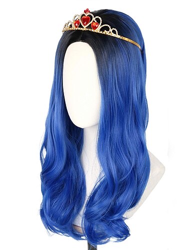  Peluca azul de topcosplay para niñas, peluca larga ondulada, disfraz de carnaval, peluca de cosplay, raíces negras