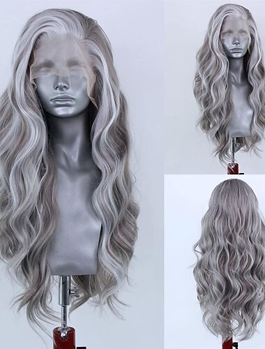 Highlight Silver Grey Body Wave Wig Synthetic Lace Front Wigs for Women Natural Hairline Synthetic Lace Wig Cosplay Wig