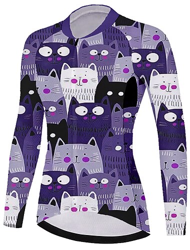  女性用 サイクリングジャージー 猫 おかしい 長袖 バイク ジャージー トップス 3つのリアポケット付き マウンテンサイクリング ロードバイク 速乾性 反射性ストリップ 後ポケット 吸汗性 スポーツ ワインレッド ダークネービー パープル 衣類