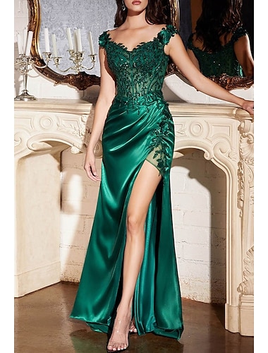  Вечернее платье русалки, сексуальное платье, торжественное красное, зеленое платье длиной до пола без рукавов с v-образным вырезом и аппликациями с разрезами 2024