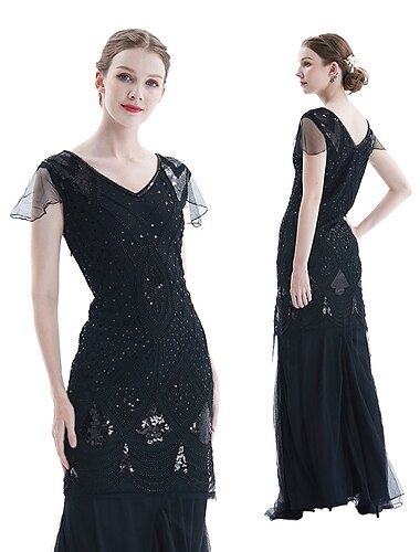  Goldene Zwanziger 1920er Cocktailkleid Maxi Flapper Kleid Kleid Abschlussballkleid Der große Gatsby Charleston Hochzeitsgast Pailletten Geometrisch Meerjungfrauenschnitt Tiefer V-Ausschnitt Normal