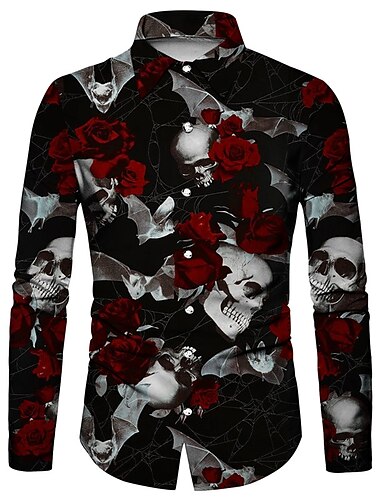  Herren Rose Blumen Totenkopf Motiv Hemd Langarm Modisch Designer Brautkleider schlicht Halloween Strasse Casual Herbst Winter Umlegekragen Bedruckt Button-Down Schwarz und Rot Wein Schwarz Weiß Gelb