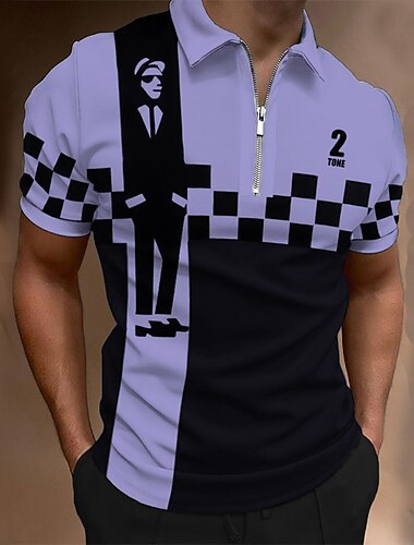  פסטיבל מוזיקה בגדי ריקוד גברים משובץ מוסיקה חולצות פולו עם רוכסן חולצת גולף שרוולים קצרים חולצות פולו חולצות עם צווארון יום יומי בגדי נופש בגדי פסטיבלים תלבושות למסיבה הדפסת תלת מימד רבע זיפ פולו