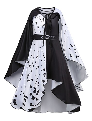  Kinder Mädchen 101 Dalmatiner Cruella de Vil Kleid Sets 2pcs Polka Dot Performance Halloween schwarz asymmetrische ärmellose Kostümkleider 3-12 Jahre